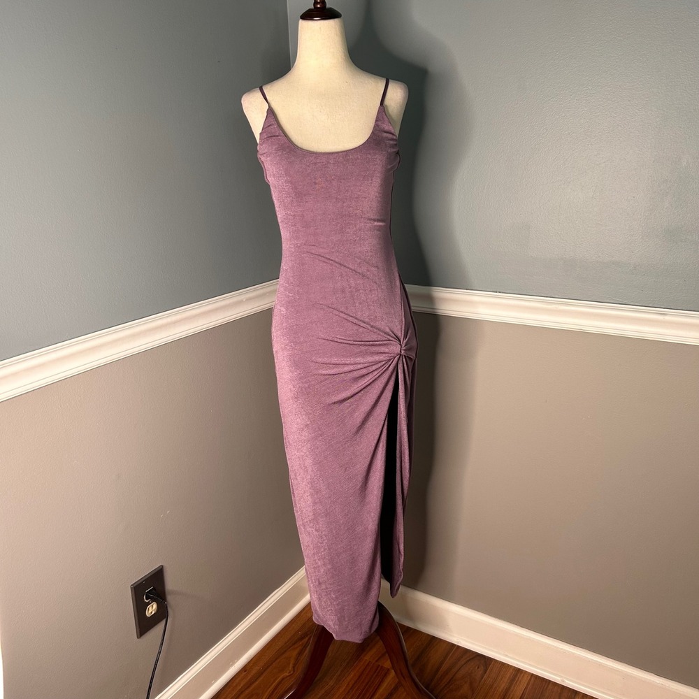 JLUXLABEL Mauve Purple Ruched Side Knot Slit Bodycon Maxi Dress Size L NWT